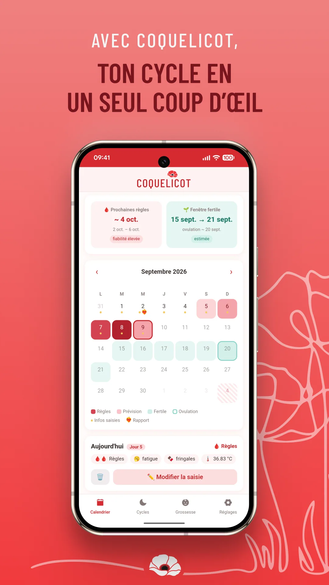 Calendrier de suivi du cycle, avec les règles et la fenêtre de fertilité prévues.