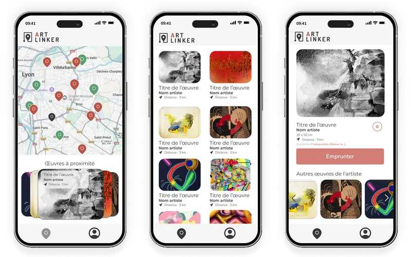 Trois écrans de l'application Artlinker : carte des œuvres à proximité de Lyon, galerie d'œuvres, et fiche d'une œuvre avec son bouton d'emprunt.
