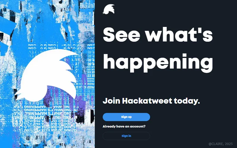 Page d'accueil de Hackatweet : slogan « See what's happening » sur fond sombre, avec les boutons d'inscription et de connexion.