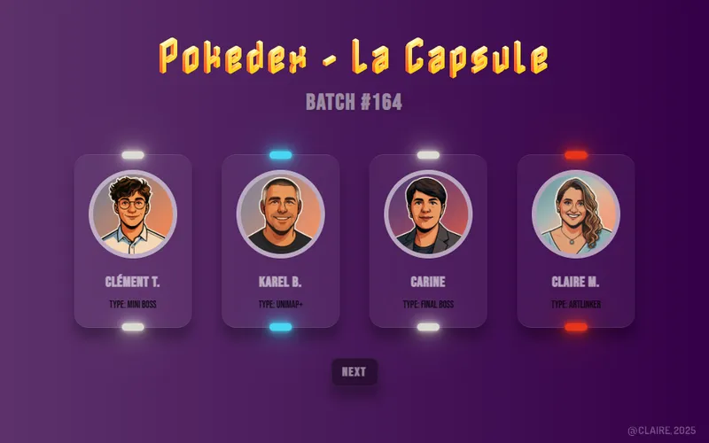 Grille de cartes de personnages colorées, chacune avec un portrait et un type, sur fond violet.