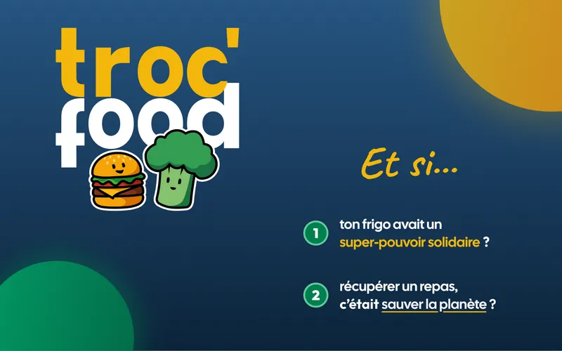 Visuel Troc'Food : le logo avec son burger et son brocoli, et deux questions — « et si ton frigo avait un super-pouvoir solidaire ? » et « et si récupérer un repas, c'était sauver la planète ? »