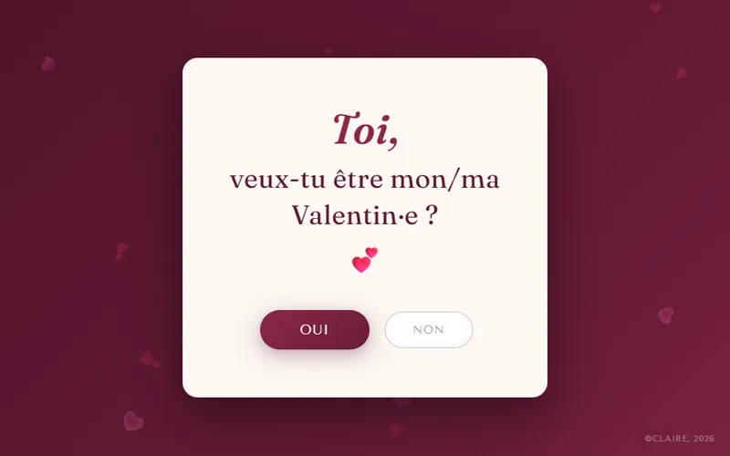 Carte centrée sur fond bordeaux demandant « veux-tu être mon/ma Valentin·e ? » avec deux boutons oui et non.
